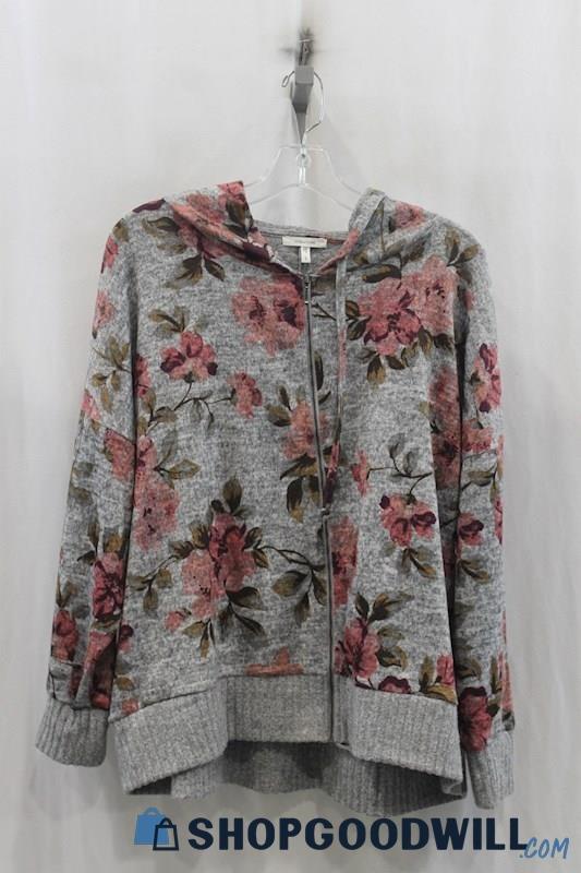 NWT Maurices Womens Heather Gray/Red Floral Full Zip Sweater Sz 1