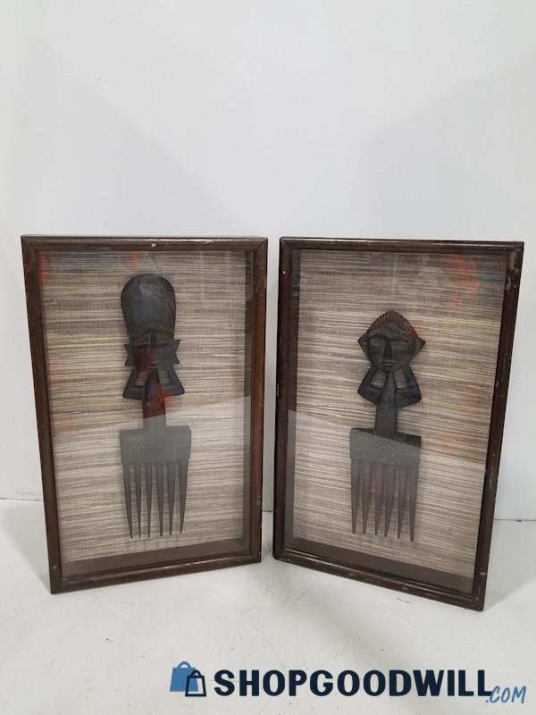 Pair Of African Carved Wooden Combs In Shadow Boxes