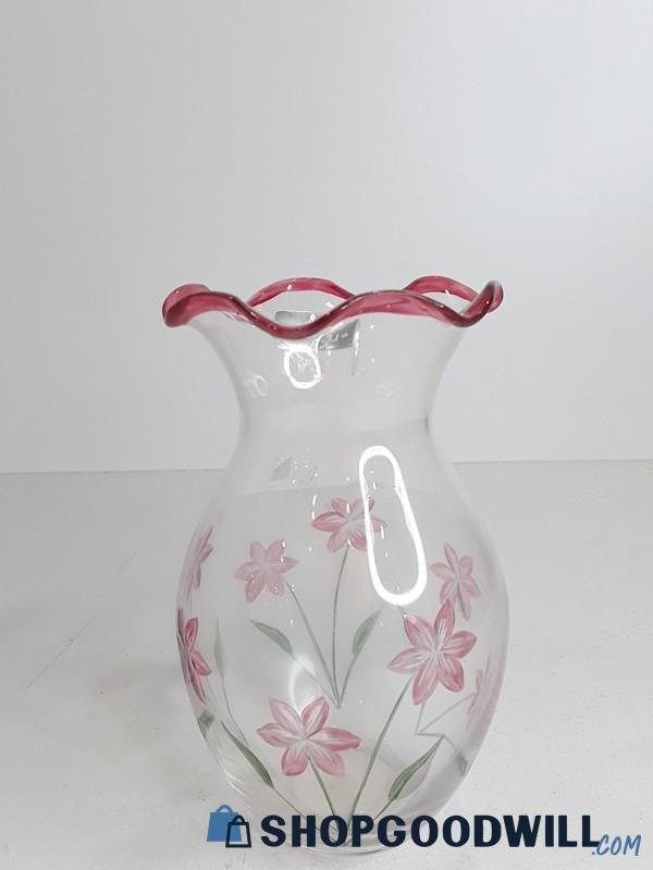 Lenox Etched Pink Flowers Ruffed Edges Flower Vase 