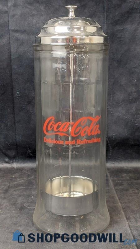 2pcs Vintage 1992 Clear Glass Coca-Cola Straw Holder W/ Metal Cover Collectible