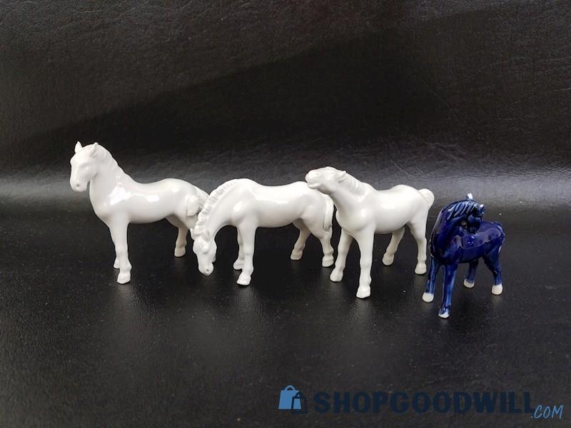 4 Mini Porcelain Horse Figurines, Vintage Home Office Decor 