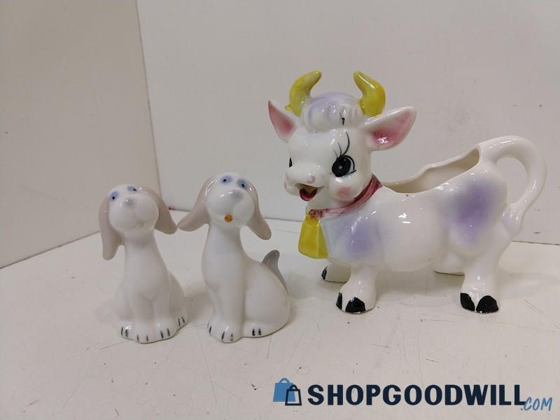 3pc Elsie Cow Creamer/Dog Salt & Pepper Shaker Pastel Ceramic Animal UNBRANDED