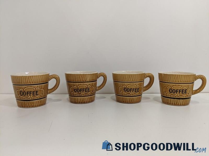 Set Of 4 Royal Sealy Japan Ceramic Wood Grain Barrel Coffee Mugs