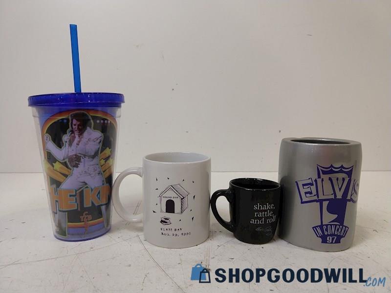 LOT Of 4 Elvis Cups - Mug, Straw Plastic Cup, & Cool Can