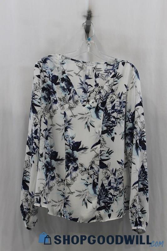 White House Black Market Womens White/Blue Floral Chiffon Blouse Sz 12