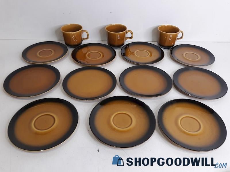 14 Pc. Kristina Collection Montego Small Plates & Mugs Brown/Black Ombre Design
