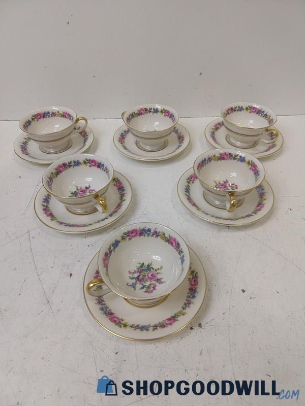 ID37 12pc Castleton Manor China Floral Saucer/Teacup Dinnerware Gold Color/Pink