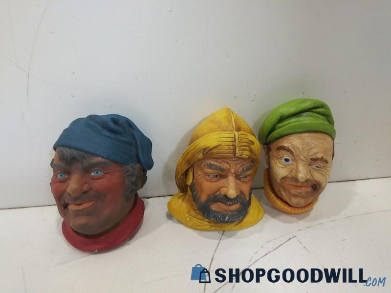 3PC Wall Hanging Chalk Ware Figurine Heads Men with Cigars and Fisherman Decor