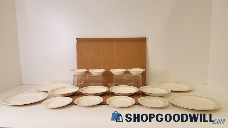 16pc Edwin Knowles China Semi-Vitreous Off-White/Gilt Floral Plates Bowls