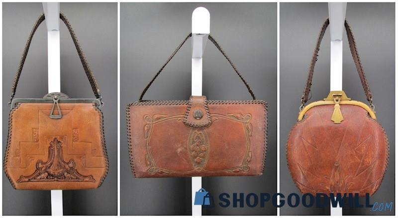 Lot of 3 Mixed Brands Vtg Brown Handtooled Leather Small Shoulder Handbag Purse