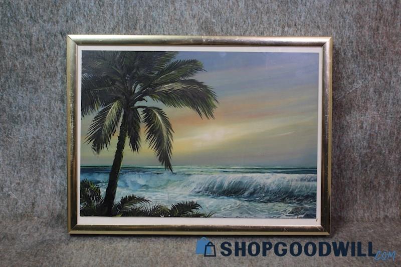 Palm Tree at Sunset Tropical Sea Framed Original Nature Painting Signed McCarthy