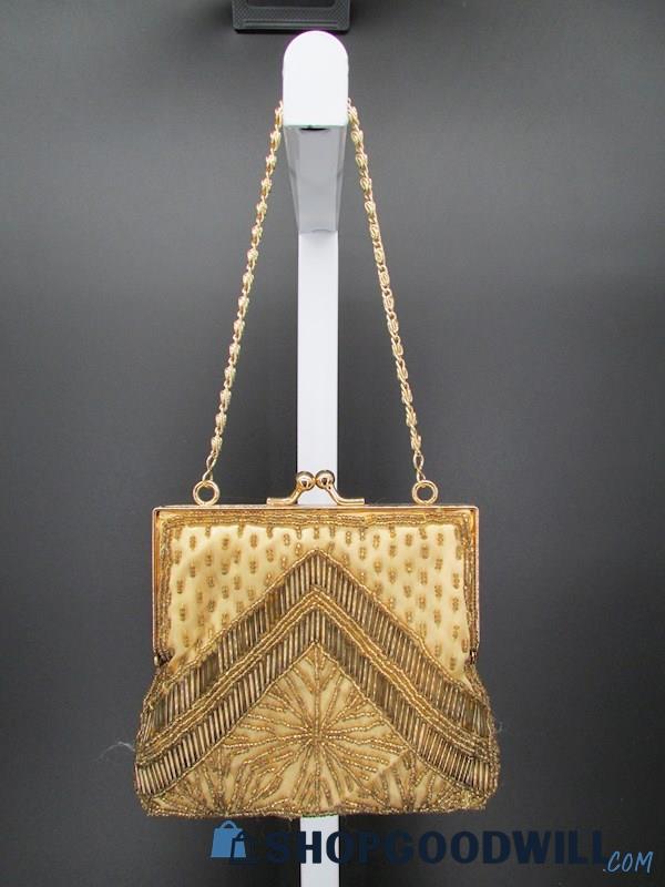 Gunne Sax Vintage Gold Beaded Kiss Lock Evening Shoulder Handbag Purse