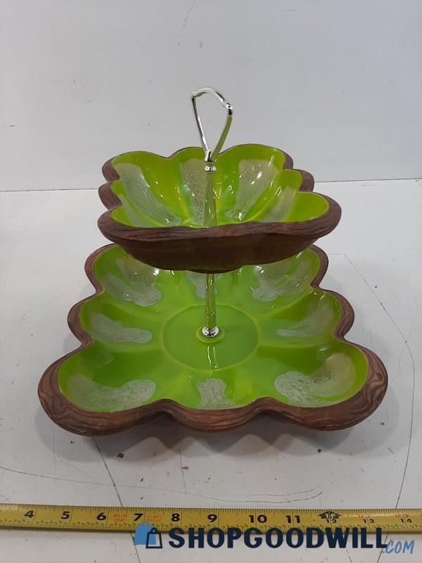 Unlabeled Ceramic 2 Tiered Green Serving Tray Bottom Tray is 11