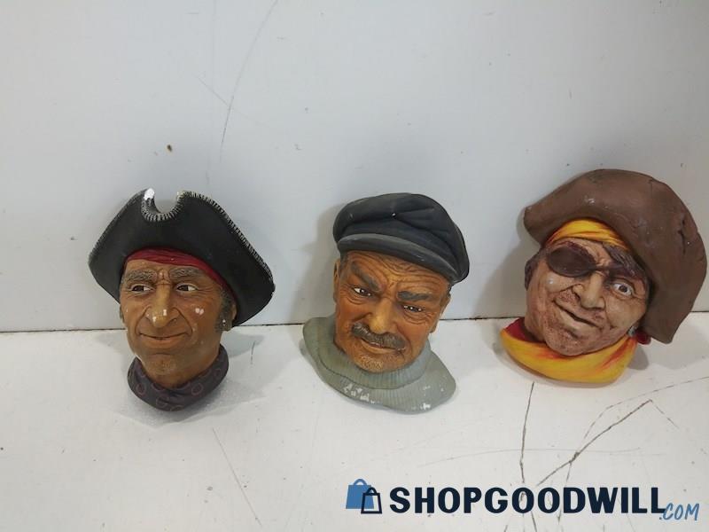 3PC Bosson Chalk Ware Figurines Plaques Wall  Hanging Captain Pirates' Decor