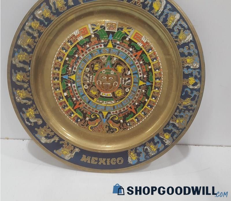 Appears To Be Brass & Enamel Mayan Calendar Plate - Mexico