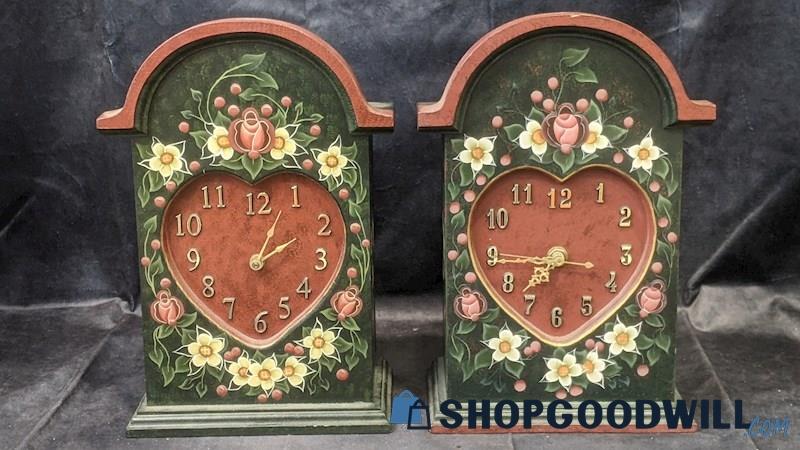 Vintage 1970s TurnCraft Wooden Table Clocks Green Red Floral Painted Home Decor 