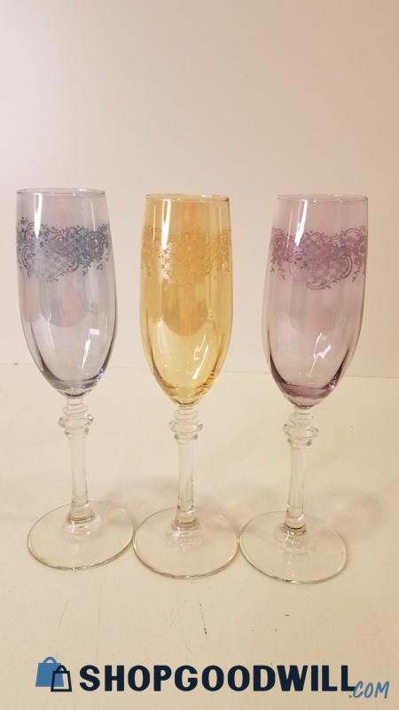 3pc Etched Glass Champagne Flutes Blue Yellow Purple Approx 9
