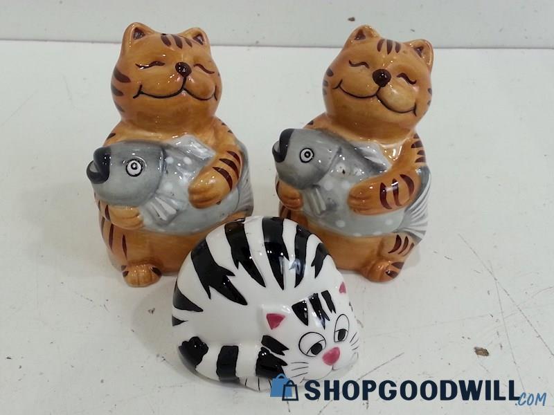 Salt & Pepper Shakers Ceramic Orange Cats W/Fish Pair & Single Black/White Cat