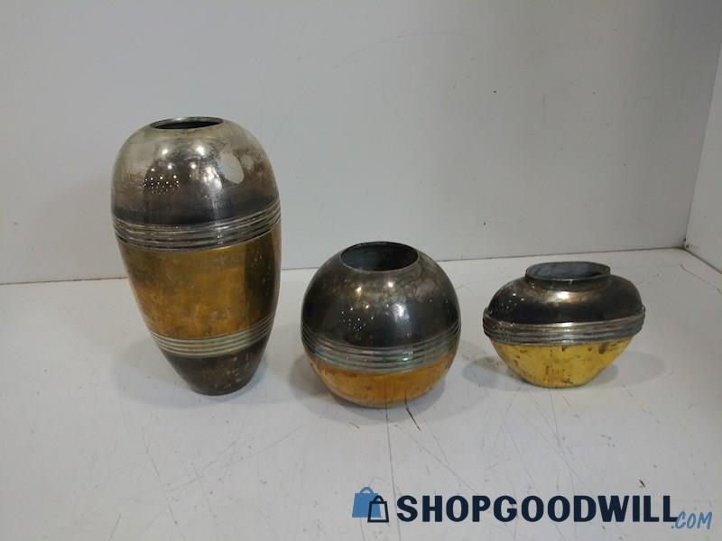 3PC Laslo Vases Brass Copper Golden Container Metal Holder Centerpiece Decor