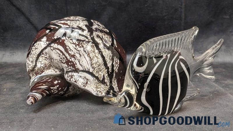 2pcs Handmade Bohemia Glass Hermit Crab Shell & Striped Zebra Fish Figurines