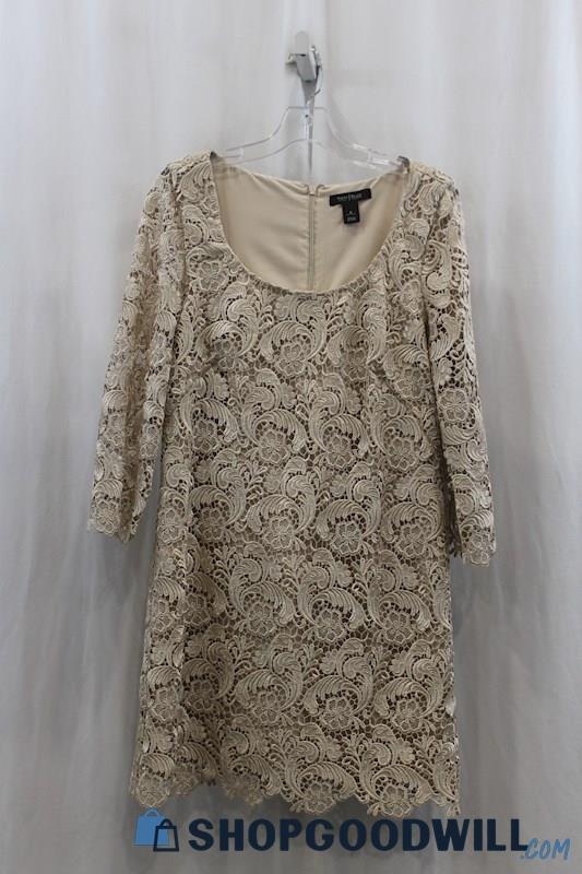 White House Black Market Womens Champagne Knit Lace Shift Dress Sz 8