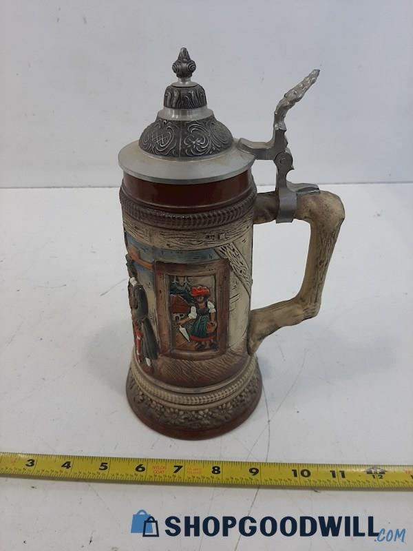 Germany Stoneware Beer Stein With Tavern Theme & Lid 11