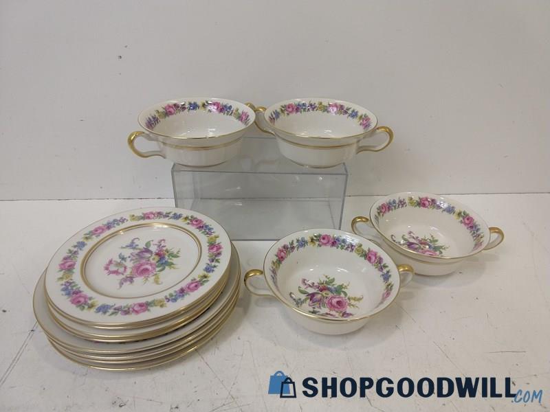 ID34 12pc Castleton Manor China Floral Plates/Handled Bowls Gold Color/Pink