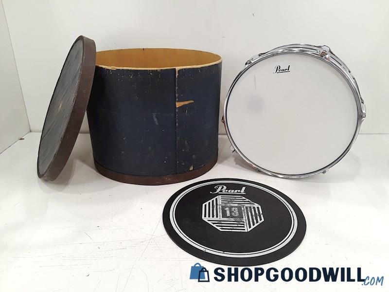 VTG Pearl Steel Shell Single Snare Drum w/Drum Pad & Lidded Wood Case