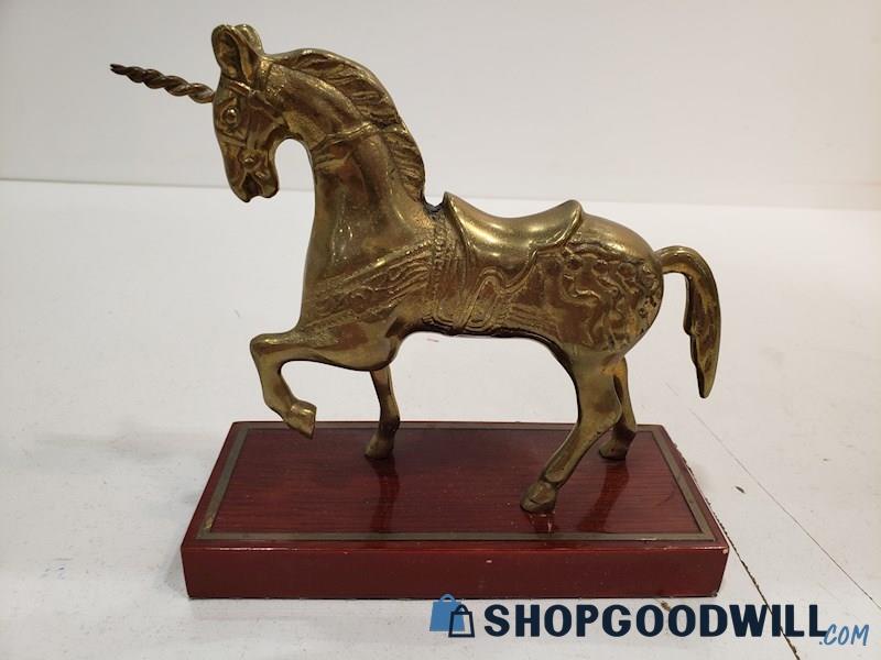 Appears To Be Solid Brass Unicorn On Wood Block Fantasy Creatures Carousal Horse