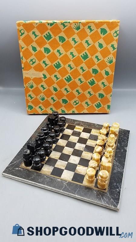 VTG Black + Beige Marble Complete Chess Set 