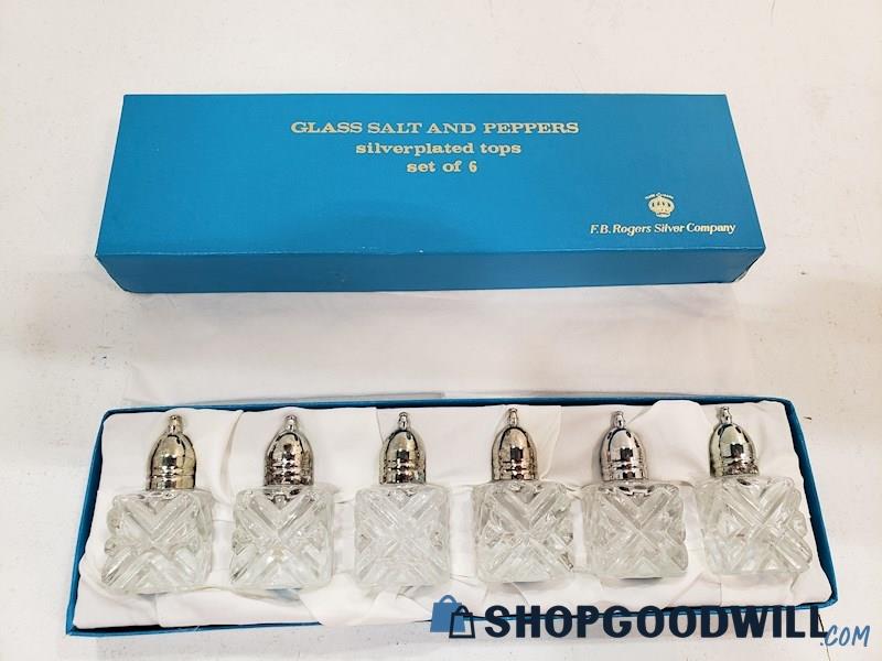 6pc F.B. Rogers Silver Company Glass Crystal Salt & Pepper Shakers Silver-Plated