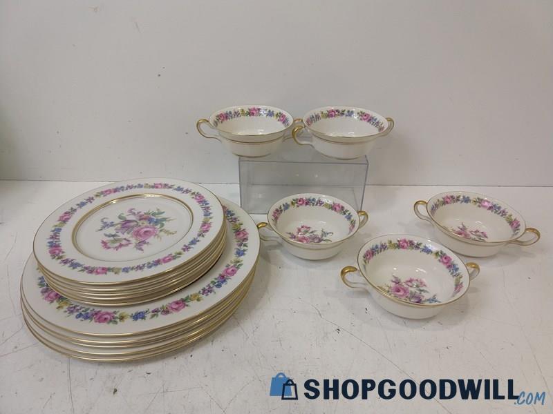 ID36 15pc Castleton Manor China Floral Plates/Bowls Dinnerware Gold Color/Pink
