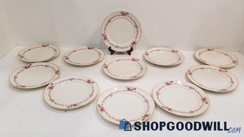 11PC Multicolor Floral Pattern W / Gold Rims Warwick Dinner Plates