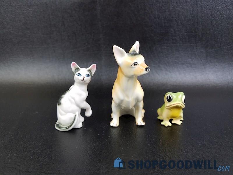 3Pc Porcelain Bone China Animal Figurine Set, Cat, Dog & Frog Vintage