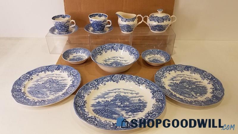 12pc Salem China Co English Village Ironstone Blue/White Teacups C/S Plates+