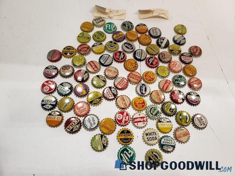 Vintage Soda Pop Bottle Caps Large Variety of Brands, Cork Backing
