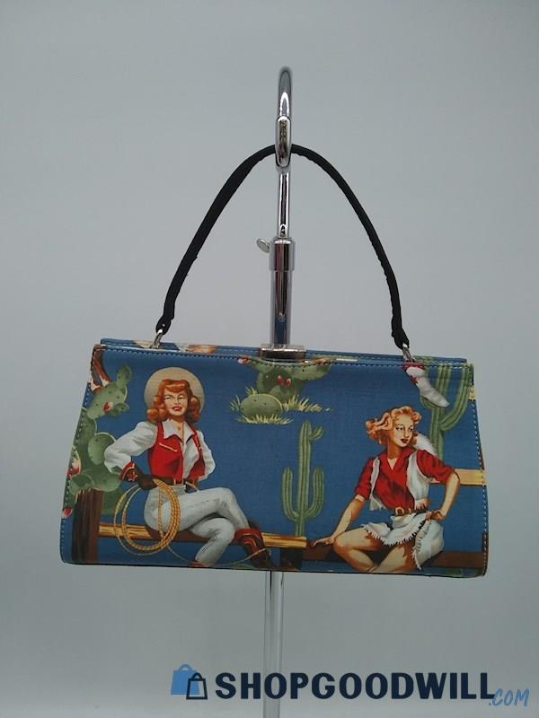 Unbranded Blue/ Multicolor Print Fabric Satchel Handbag Purse 