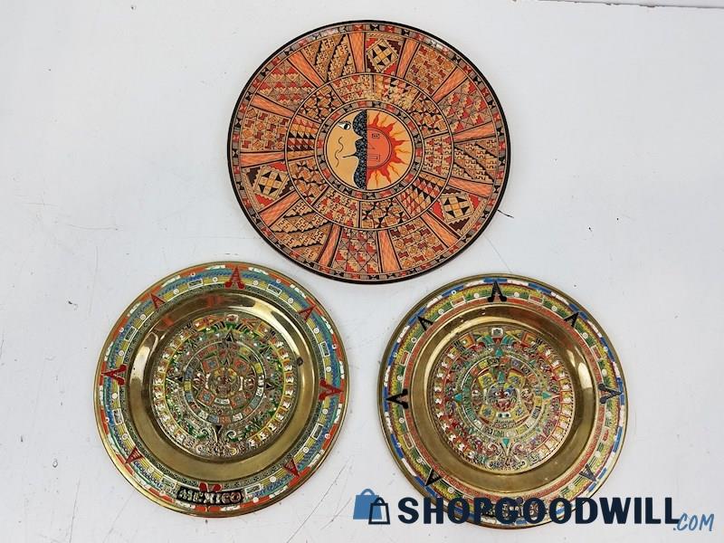 Vintage Mexico Brass Wall Plates W/ Decorative Ceramic Plate, Vintage 