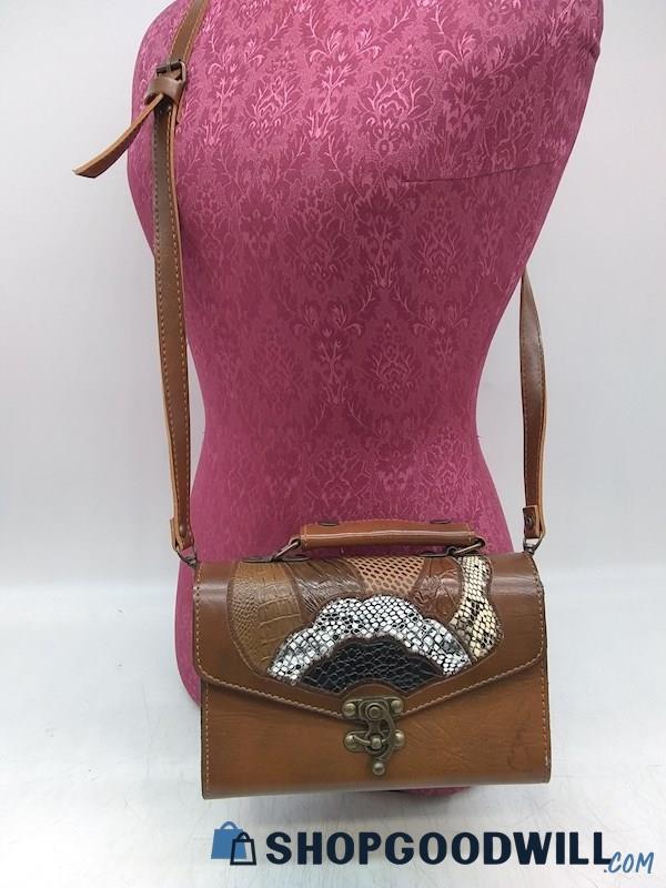 Unbranded Brown Leather Fold Over Hardshell Crossbody Handbag Purse 