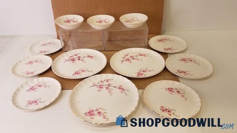 12pc WS George Bolero China Peach Blossom Pink Floral/Gilt Rims Plates Bowls