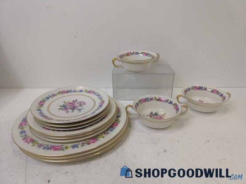 ID35 12pc Castleton Manor China Floral Plate/Bowls Dinnerware Gold Color/Pink