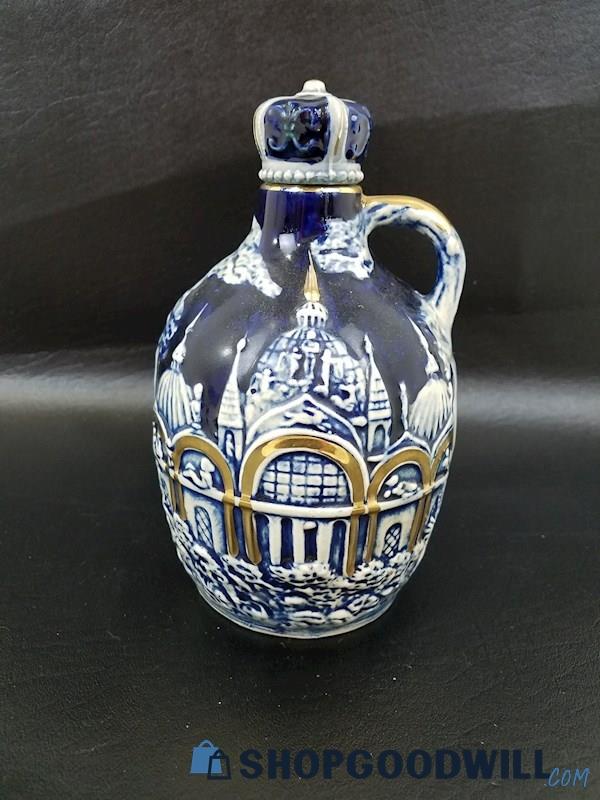 Blue Whiskey Glazed Ceramic Decanter Bottle Music Box, Vintage 