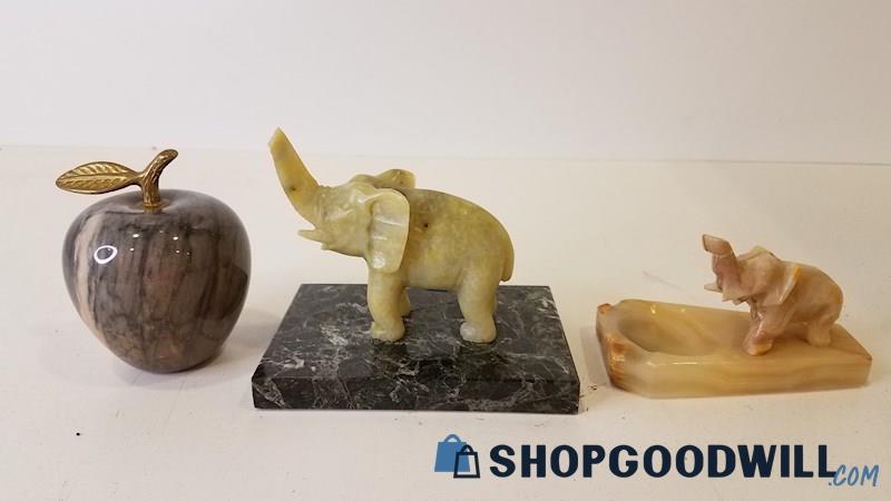 4pc Marble/Stone Figurines Apple Elephants Trinket Dish A Santini Display Stand