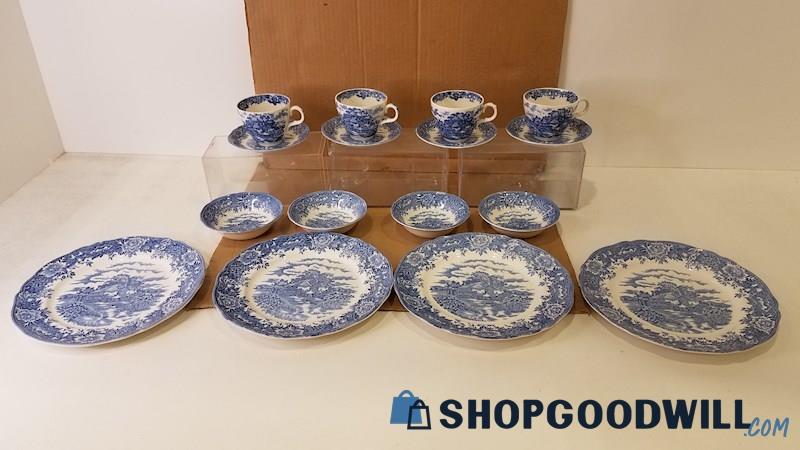 16pc Salem China Co English Village Ironstone Blue/White Teacups Plates Bowls+