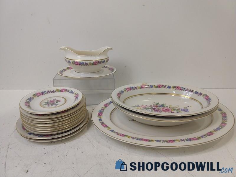 ID33 15pc Castleton Manor China Floral Serving Pieces/Plates Gold Color/Pink