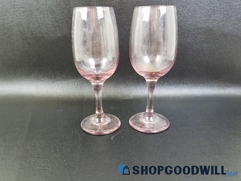 2 Libbey Pink Rose Colored Depression Handblown Wine Glasses