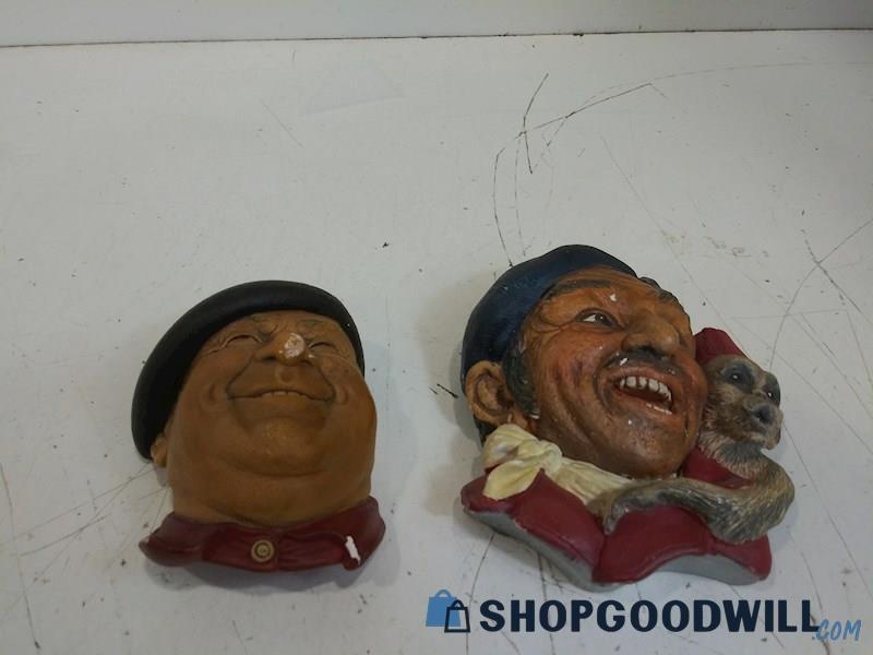 2PC Bosson Hanging  Men Head Plaque Pierre With Monkey Chalk Ware Figurine 
