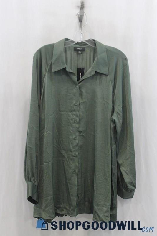NWT Alfani Womens Olive Green Pleat Button Down Shirt Sz XL