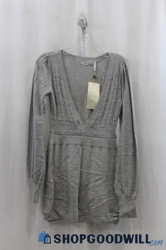 NWT Guess Womens Heather Gray Beaded Deep V-Cut Sweater Dress Sz L