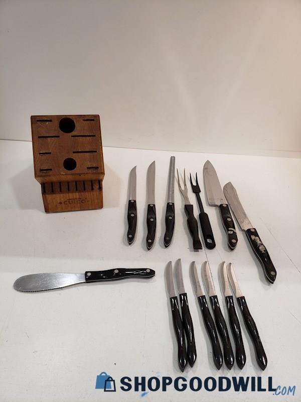15pc Cutco Knives W/ Knife Wood Block, Black Handle Cutlery 
